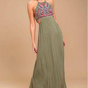 Little Beach Olive Green Embroidered Maxi Dress, S